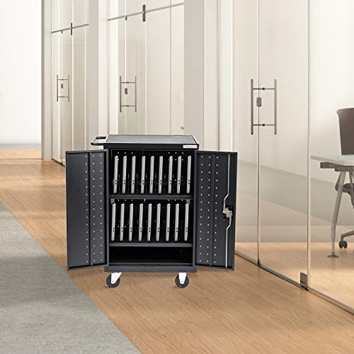 Pearington 20 Device Mobile Charging and Storage Cart for iPads, Chromebooks and Laptop Computers, Up To 17-Inch Screen Size, Surge Protection, Front & Back Access Locking Cabinet, Black