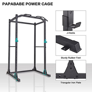 papababe Power Rack-1200 LB Capacity Power Cage, 2"x 2" Steel Squat Stand Rack with J-Hooks for Bench Press, Weightlifting and Strength Training with Adjustable Bench