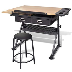 Height Adjustable Drafting Table Desk Drawing Table Desk Tiltable Tabletop, Stool and 2 Storage Drawers for Reading, Writing,Studying Art Craft Work Station