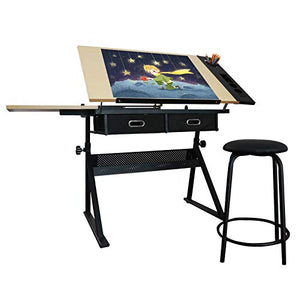 Drawing Table,Height-Adjustable Drawing Table,tiltable Table top,with Stool and Drawer,for Reading,Writing and Drawing(Wooden Table top)