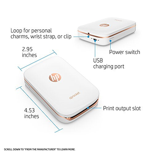 HP Sprocket Portable Photo Printer, X7N07A, Print Social Media Photos on 2x3 Sticky-Backed Paper - White