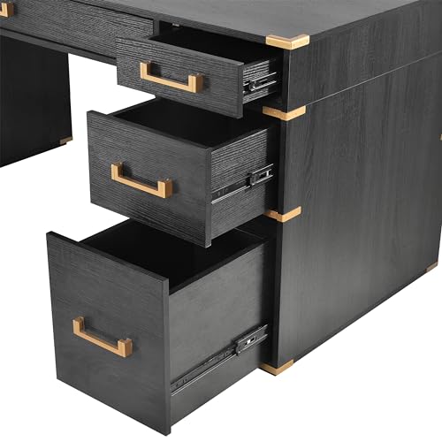 Merax Executive Writing Desk with File Drawers, USB Ports, Outlets, Hidden Compartment - 70" Black+Gold