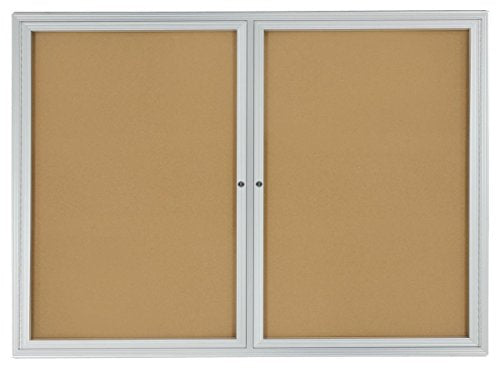 48x36 Enclosed Bulletin Board for Wall Mount with 2 Locking Swing-Open Doors, 4' x 3' Framed Cork Board Includes Wall Bracket, Silver Aluminum with Natural Cork Backing