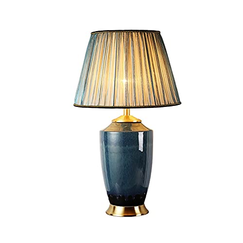 EARSHOT Blue Ceramic Table Lamp with Fabric Lampshade and Copper Base - Modern Nightstand Lamp for Home Office and Cafe