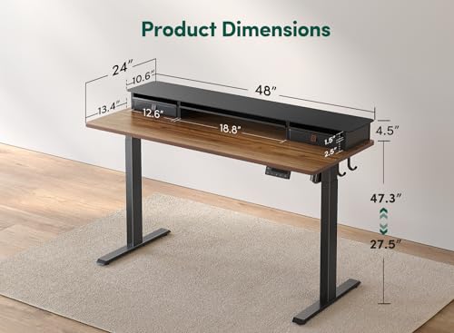 FEZIBO Height Adjustable Glass Electric Standing Desk with Double Drawer, Storage Shelf - 48 x 24 Inch, Black Walnut