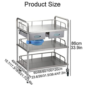 XZOTA Stainless Steel Medical Cart with Lockable 3 Shelves and 360°Rotate Wheels, 120x60cm