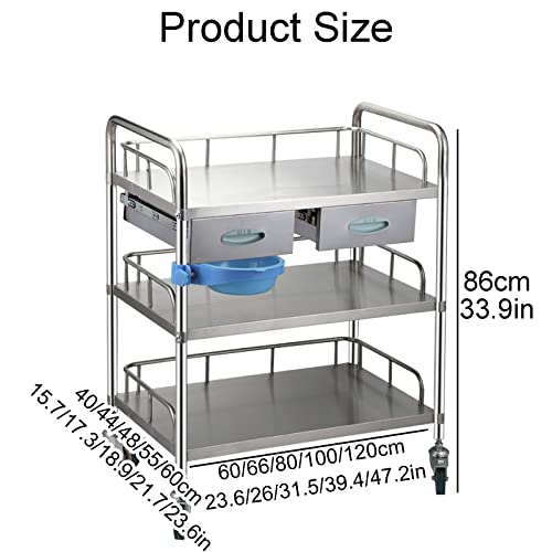 XZOTA Stainless Steel Medical Cart with Lockable 3 Shelves and 360°Rotate Wheels, 120x60cm