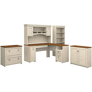 Bush Furniture UrbanPro L Desk 5 Pc Office Set with Storage in Antique White - Engineered Wood