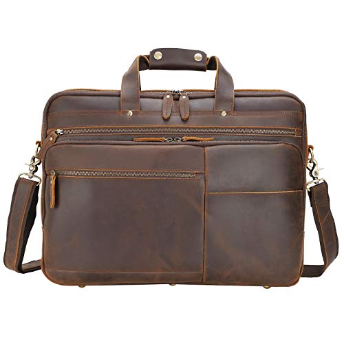 Polare 18" Full Grain Leather Briefcase For Men Business Travel Case Messenger Bag Fits 17.3" Laptop Large