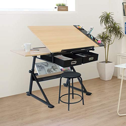Lgan Height Adjustable Drawing Desk, Tiltable Craft Table with Storage, Maple Panel Art Desk, for Home Office Drafting Table