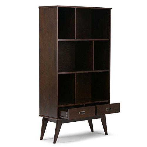 Simpli Home 3AXCDRP-13 Draper Solid Hardwood 64 inch x 35 inch Mid Century Modern Wide Bookcase and Storage Unit in Medium Auburn Brown