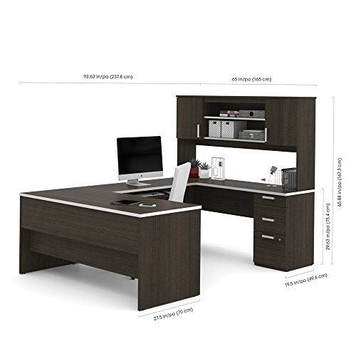 Bestar Ridgeley U-Shaped Executive Desk with Pedestal and Hutch, 65W, Dark Chocolate