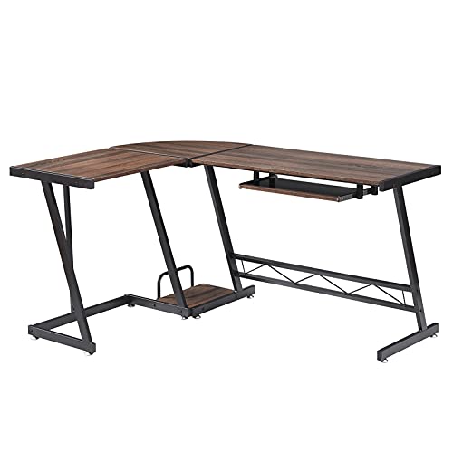 LJTT L Shaped Desk with Keyboard Tray and Host Bracket Corner Computer Desk Gaming Table Workstation for Home Office, Brown