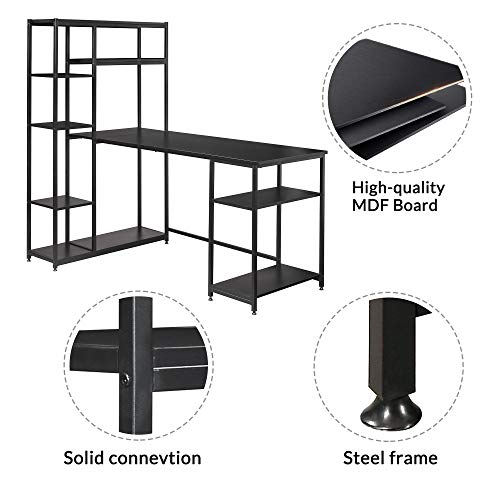 Depointer Life Home Office Desk 63" x 35.4" Computer Desk,Student Study Table with 9 Open Bookshelf,Home Office Desk,Multipurpose PC Workstation,Easy Assemble,Black