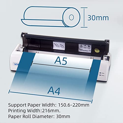 vretti A4 Wireless Bluetooth USB Portable Printer Compatible with Android and iOS Phone Support 8.5×11 Inches Thermal Paper for Outdoors Home Office Travel Students and Cars Printing