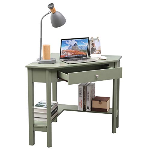 Lipo Corner Desk, 29.7" × 29.7" Home Office Computer Table, Space-Saving Laptop PC Table Writing Study Table with Drawers and Storage Shelf,Green