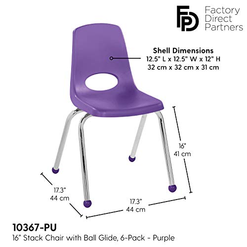 Factory Direct Partners FDP 16" School Stack Chair, Stacking Student Chairs with Chromed Steel Legs and Ball Glides - Purple (6-Pack), 10367-PU