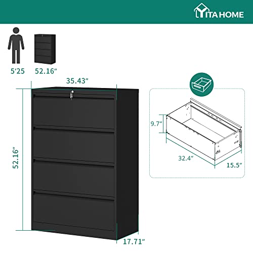 YITAHOME 4 Drawer Metal Lateral Filing Cabinet with Lock, Black - Legal/Letter A4 Size