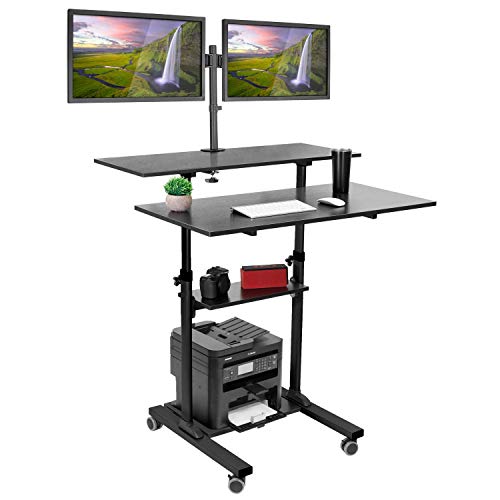 Mount-It! Mobile Standing Desk with Dual Monitor Mount - 40 Inch Wide Height Adjustable Rolling Computer Workstation with Four Wheels,
