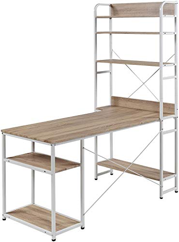 Computer Desk with 4 Tier Storage Shelves Large L-Shaped Home Office Desk PC Laptop Writing Table Workstation with Hutch Bookshelf (Oak)