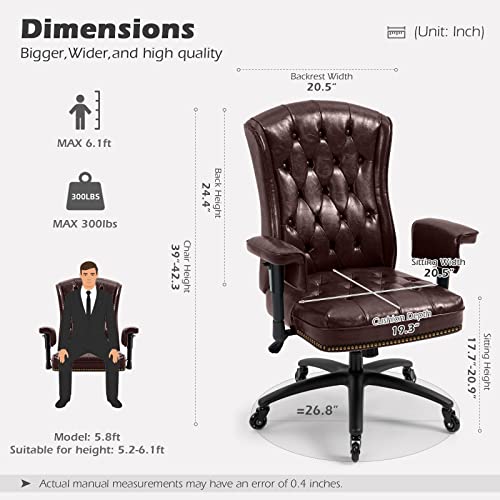 YAMASORO High Back Ergonomic Executive Office Chair with Wheels and Arms, Brown Faux Leather