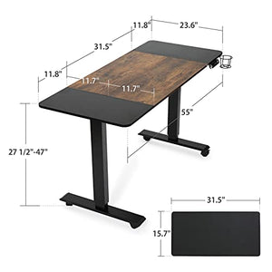 Utureal 55 x 24 Inch Black and Rustic Brown Electric Standing Desk with Large Black Mouse Pad, 4 Rolling Wheels, and Set of 3 Fabric Grey Storage Bins