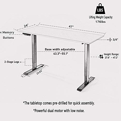 Kaboon Black Electric Standing Desk 47 Inch, Dual Motor Sit Stand Desk, Ergonomic Computer Workstation, Height Adjustable Desk with One-Piece Wood Tabletop(47×24 Black top, Black Frame)