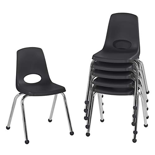 FDP 16" School Stack Chair, Stacking Student Seat with Chromed Steel Legs and Ball Glides; for in-Home Learning or Classroom - Black (6-Pack), 10367-BK