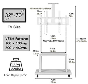 YokIma White TV Stand for 32-70 Inch TV On Wheels with 3 Shelf
