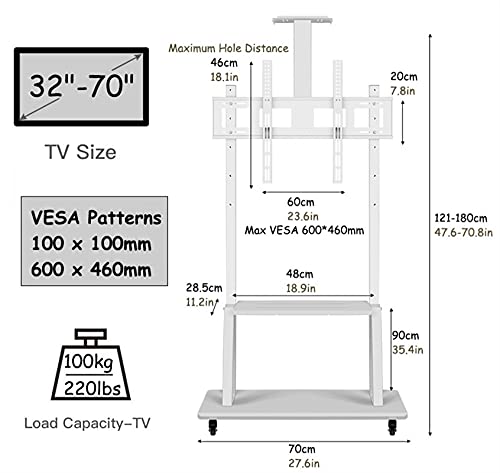 YokIma White TV Stand for 32-70 Inch TV On Wheels with 3 Shelf