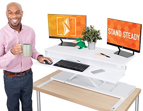 Flexpro Power 40 Inch Electric Standing Desk | 2 Level Electric Standing Desk Converter with Keyboard Shelf & Monitor Riser | Large Dual Level Sit to Stand Workstation Holds 2 Monitors (White/40)