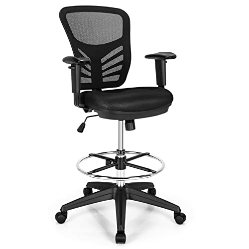 Mesh Drafting Chair with Adjustable Armrests & Footrest - Black