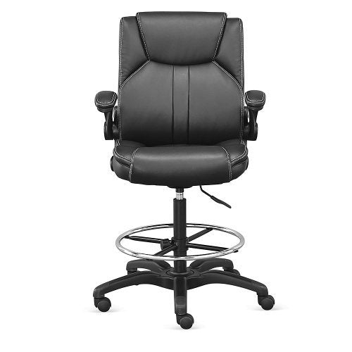 Officient Omega Collection Adjustable Arm Stool with Flip Arms and Footring in Black Polyurethane