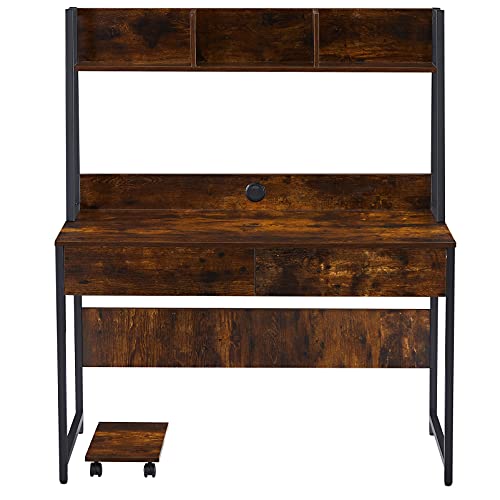 Rustic Wood Computer Desk with Hutch & Bookshelf for Home Office Dorm, Sturdy Gaming Table Study Writing Desk Workstation with Storage Drawers, Wheeled CPU Stand & Metal Frame for Small Spaces (Brown)