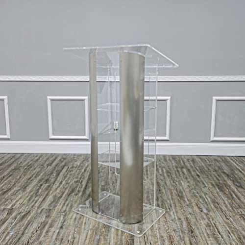FixtureDisplays Brushed Stainless Steel Sides Clear Acrylic Podium Curved Lectern 14307NEW