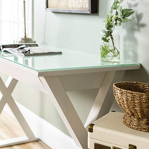X-Frame Computer Desk White Workstation for Home Office Casual Modern Contemporary Rectangular Glass MDF Painted Drawers