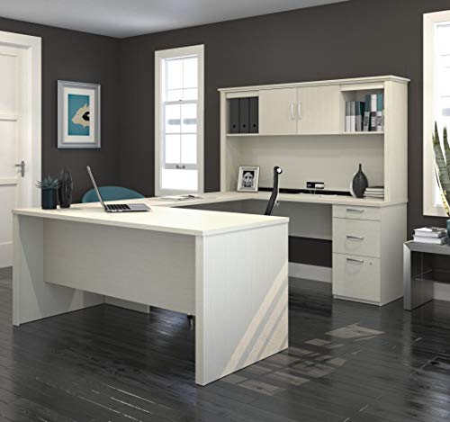 Bestar Logan 66W U or L-Shaped Executive Office Desk with Pedestal and Hutch in White Chocolate