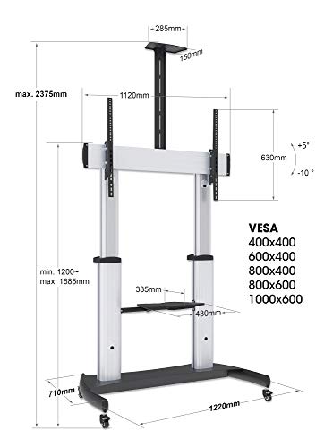 Manhattan Heavy Duty Mobile Rolling TV Cart Stand for 60-100 Inch Flat Screens - Tilt/Height Adjustable - 2 AV Shelves - 461672