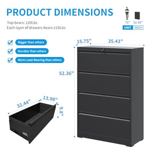 EKJ Black Metal 4 Drawer Lateral File Cabinet for Home Office - Steel Wide Filing Cabinets