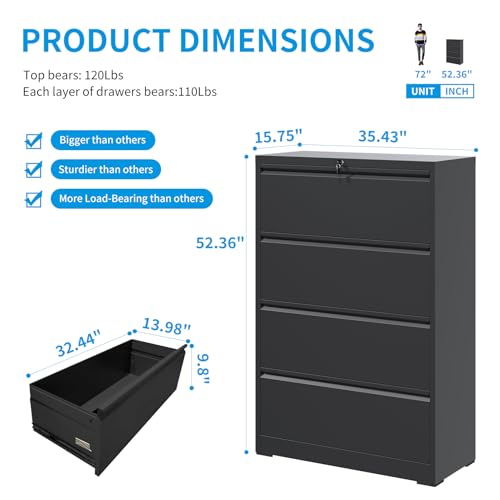 EKJ Black Metal 4 Drawer Lateral File Cabinet for Home Office - Steel Wide Filing Cabinets