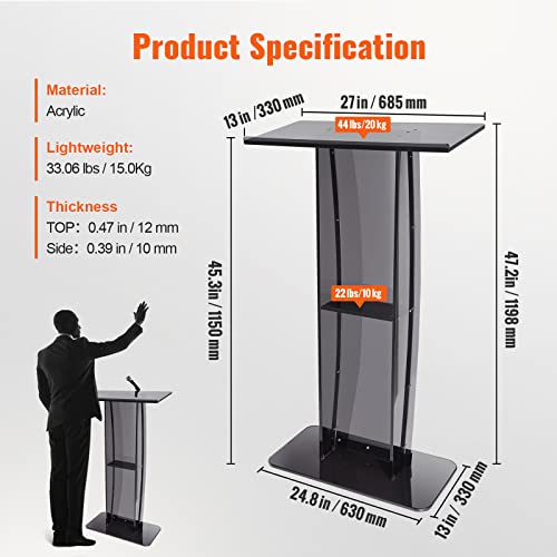 VEVOR Acrylic Podium Stand, 47" Tall, Wide Reading Surface, Storage Shelf, Floor-Standing Clear Pulpit for Church Office School, Black