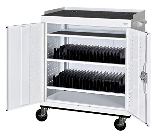 Sandusky MTS362437-22 White Mobile Tablet Storage Cart, 3 Shelves, Recessed Paddle Lock Handle, 43" Height x 36" Width x 24" Depth