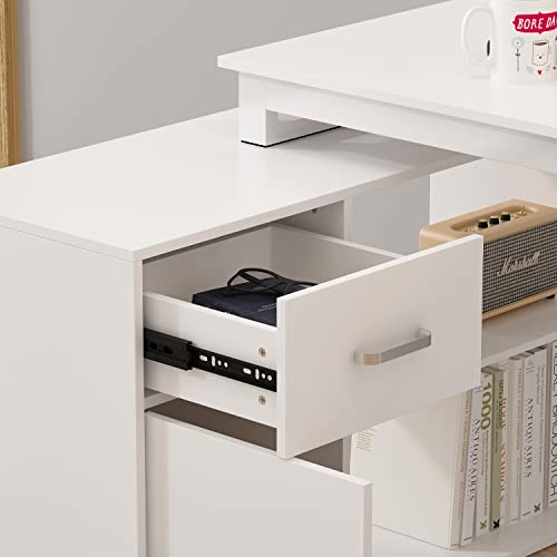 Homsee L-Shaped Home Office Computer Desk with Drawer, Shelves, and Storage Cabinet - White (55.1" x 41.3" x 29.5")
