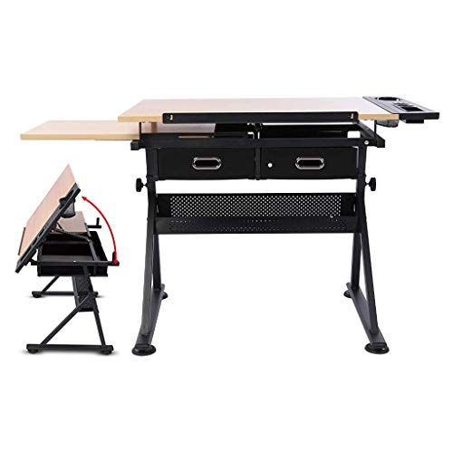 Lgan Height Adjustable Drawing Desk, Tiltable Craft Table with Storage, Maple Panel Art Desk, for Home Office Drafting Table