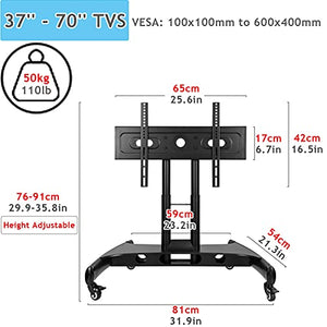 YokIma Low Meeting Room TV Stand for 50/55/60/70 Inch Flat Screens, Adjustable Height Tilting Floor TV Rolling Cart - Black