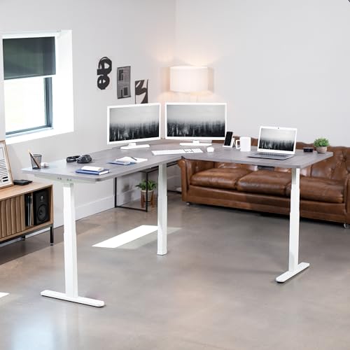 VIVO Electric Height Adjustable L-Shaped Corner Stand Up Desk, White Frame, 2 Dark Gray Table Tops, Memory Controller, 3E Series