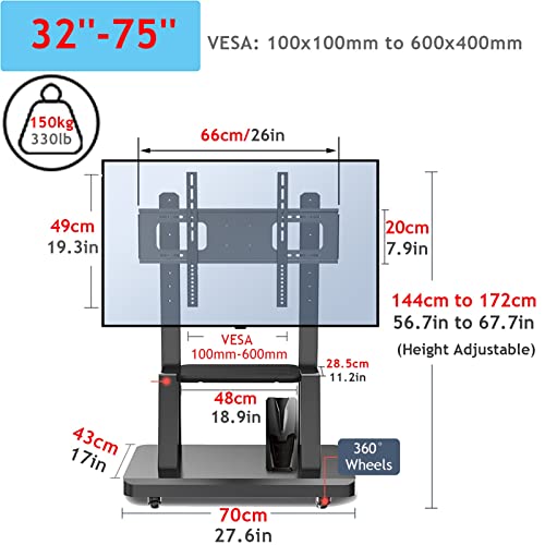 Generic Heavy Duty TV Cart with AV Shelf & Wheels - Fits 32-75 Inch Screens, Up to 150kg
