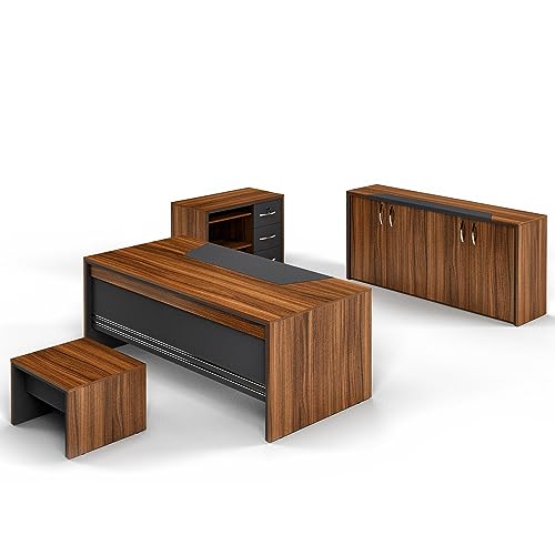Casa Mare 71" Wood Home Office Furniture Set of 4pcs | Executive Desk w/Leather Pad & Lockable File Drawers | Storage Cabinet & Modern Coffee Table
