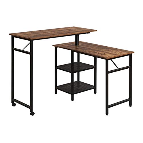 L-Shaped Home Office Rotating Standing Computer Desk, Modern Office Study Workstation, Industrial 360 Degrees Free Rotating Corner Computer Desk with Storage Shelf for Small Spaces (Brown)