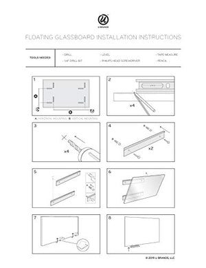 U Brands Floating Glass Dry Erase Board, 47 x 35 Inches, Grey Surface, Frameless (2908U00-01)